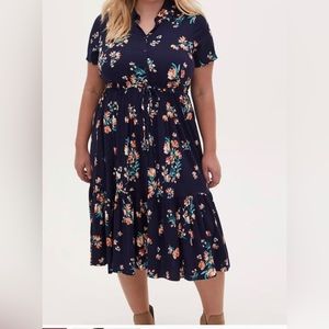 Torrid Navy Floral Challis Button Front Drawstring Midi Shirt Dress